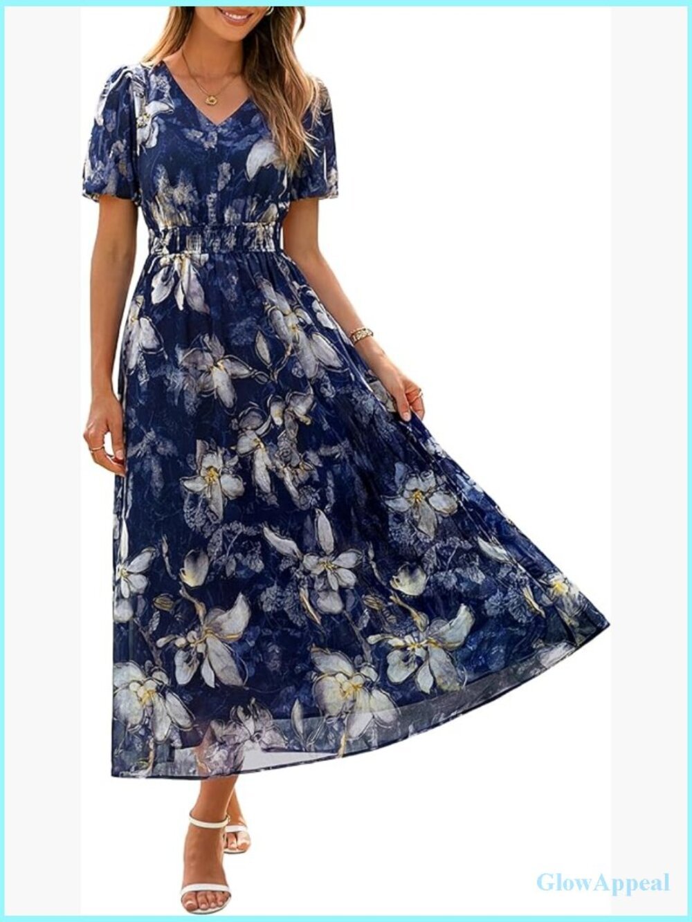 Women's Floral Maxi Dress with Puff Short Sleeves V-Neck Flowy Comfort